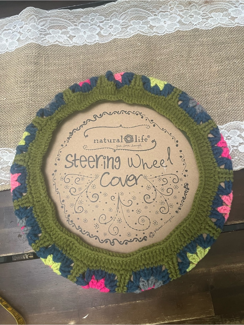 NATURAL LIFE Olive Green Crochet Steering Wheel Cover with Multicolor Accents